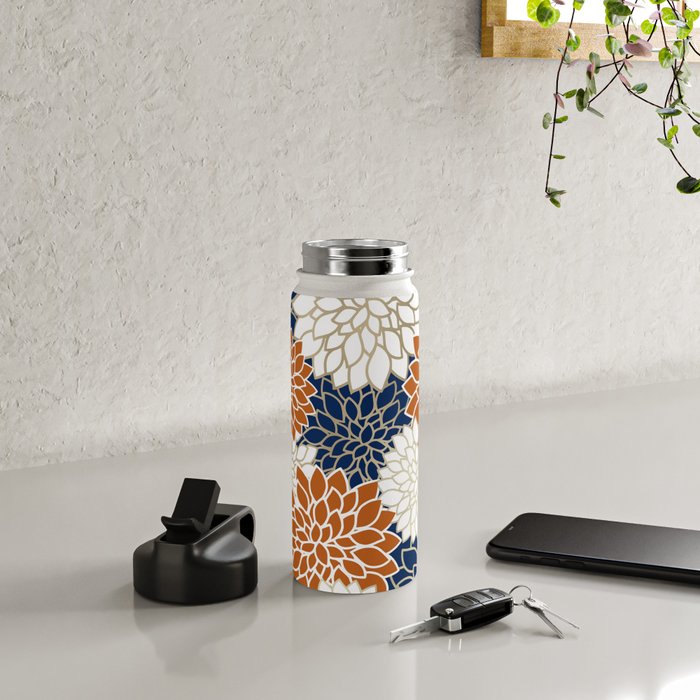 Dahlia Blooms, Terracotta, Navy, Gold, White Water Bottle Gallery Image 4