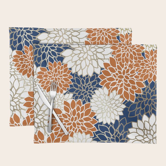 Dahlia Blooms, Terracotta, Navy, Gold, White Placemat Gallery Image 1