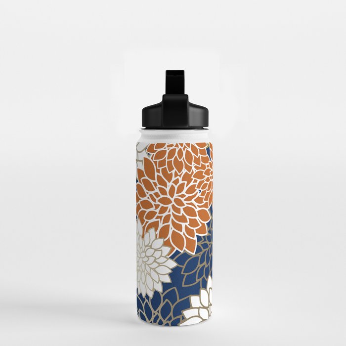 Dahlia Blooms, Terracotta, Navy, Gold, White Water Bottle Gallery Image 2