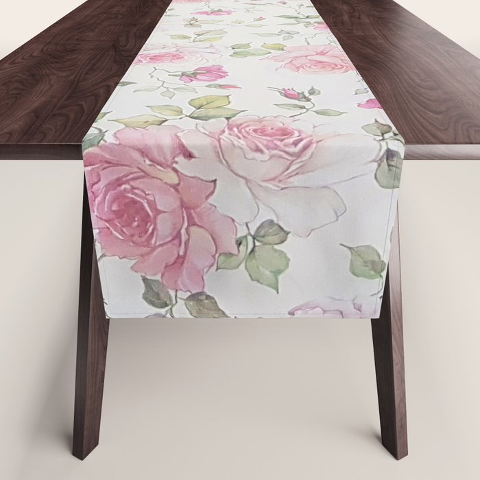 Elegant blush pink white vintage rose floral Table Runner Gallery Image 1