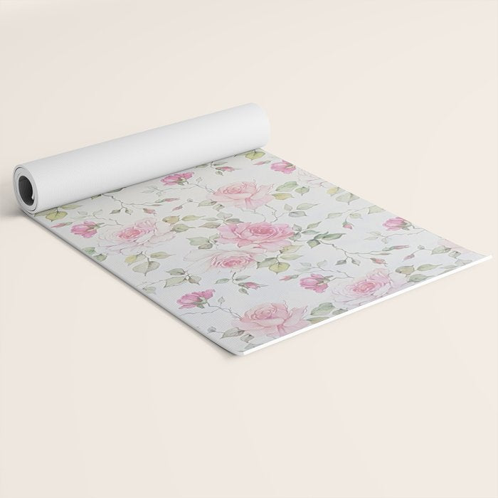 Elegant blush pink white vintage rose floral Yoga Mat Gallery Image 2