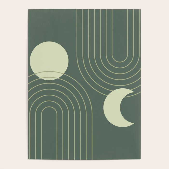 Mid Century Modern Geometric 126 in Forest Green Shades (Rainbow and Sun Abstraction) Poster Gallery Image 4
