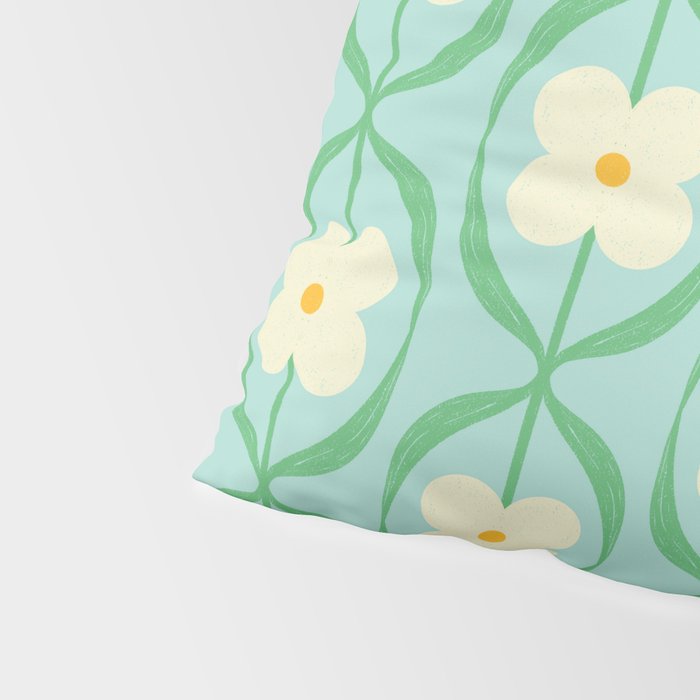 Sky Blue Retro Flowers Vintage Daisy Floral Geometric Green Pillow Sham Gallery Image 4