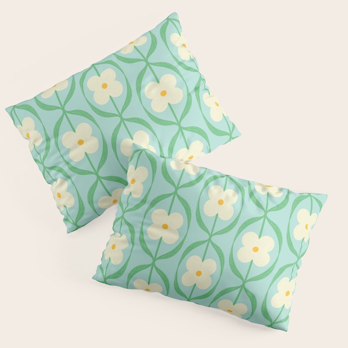 Sky Blue Retro Flowers Vintage Daisy Floral Geometric Green Pillow Sham Gallery Image 1