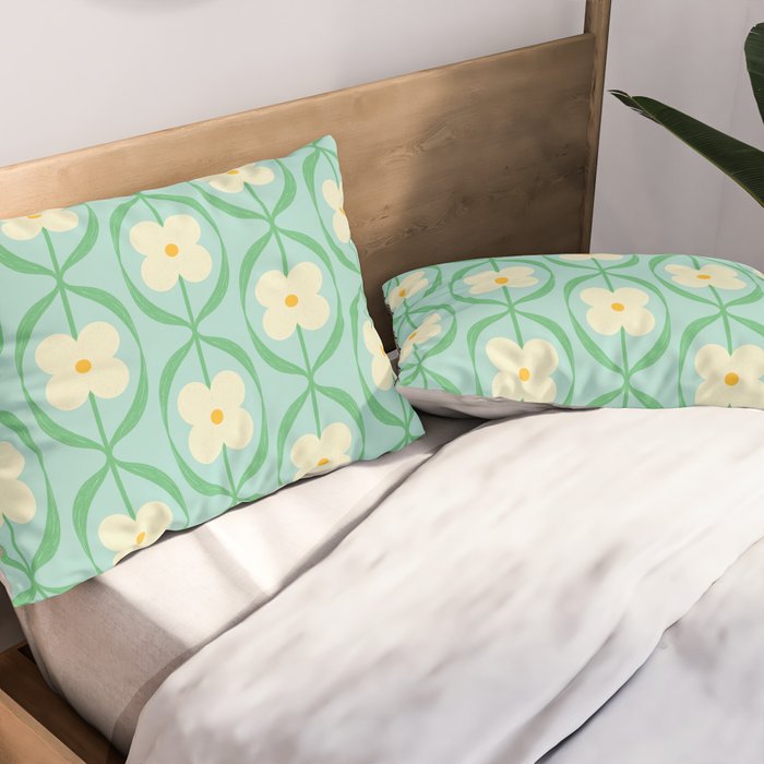 Sky Blue Retro Flowers Vintage Daisy Floral Geometric Green Pillow Sham Gallery Image 2