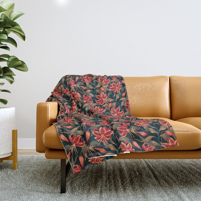 Tiger Lily - Orange Green Throw Blanket Gallery Image 1