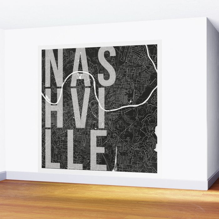 Nashville Mono Street Map Text Overlay Wall Mural Gallery Image 2