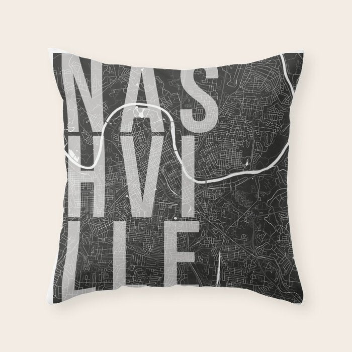 Nashville Mono Street Map Text Overlay Throw Pillow Gallery Image 6
