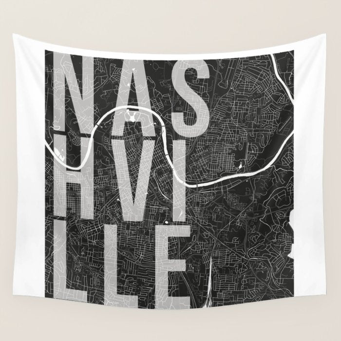 Nashville Mono Street Map Text Overlay Wall Tapestry Gallery Image 1