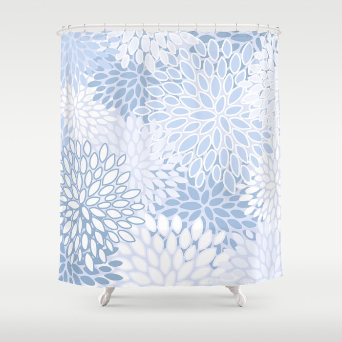 Festive, Winter, Floral Prints, Soft Blue and White Shower Curtain Gallery Image 1