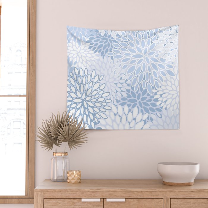 Festive, Winter, Floral Prints, Soft Blue and White Wall Tapestry Gallery Image 2