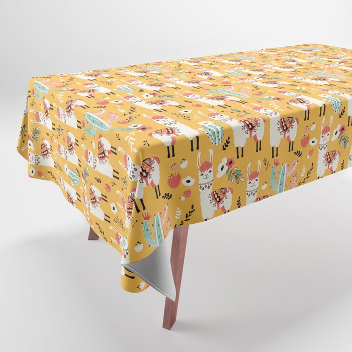 White Llama with flowers Tablecloth Gallery Image 1