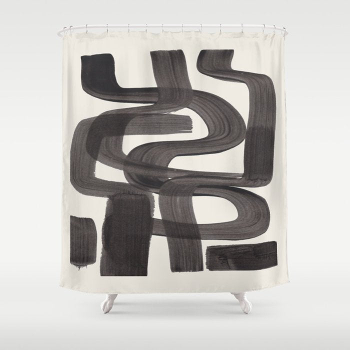 Black Ink Paint Brush Strokes Wiggles Mid Century Modern Shower Curtain Gallery Image 1
