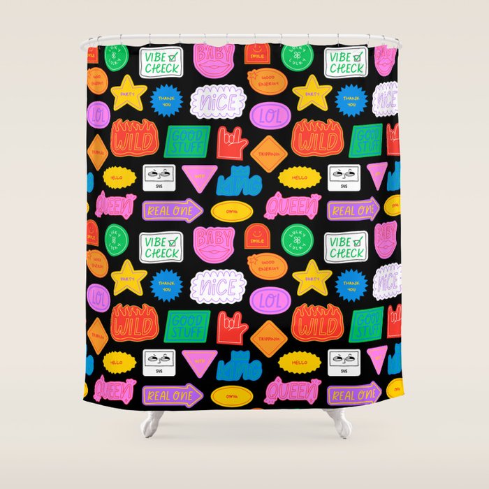 Funny retro sticker quote cartoon pattern Shower Curtain Gallery Image 1