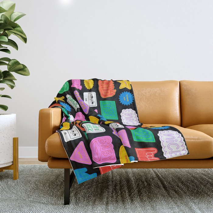 Funny retro sticker quote cartoon pattern Throw Blanket Gallery Image 1
