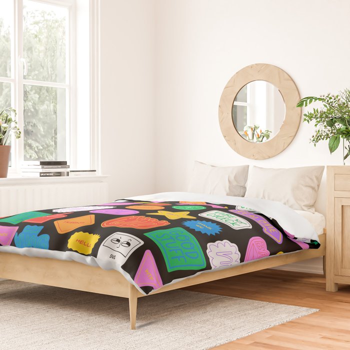 Funny retro sticker quote cartoon pattern Duvet Cover Gallery Image 2