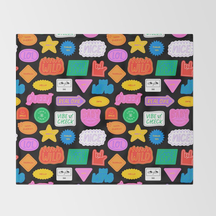 Funny retro sticker quote cartoon pattern Throw Blanket Gallery Image 2