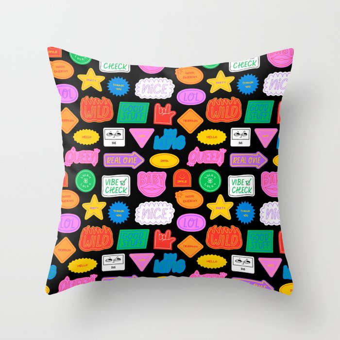 Funny retro sticker quote cartoon pattern Throw Pillow Gallery Image 1