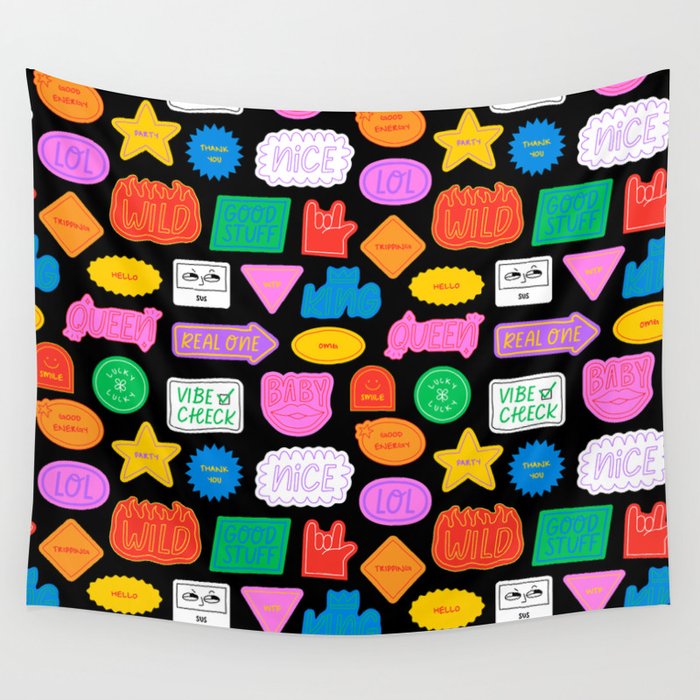Funny retro sticker quote cartoon pattern Wall Tapestry Gallery Image 1