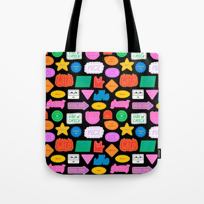 Funny retro sticker quote cartoon pattern Tote Bag Gallery Image 1