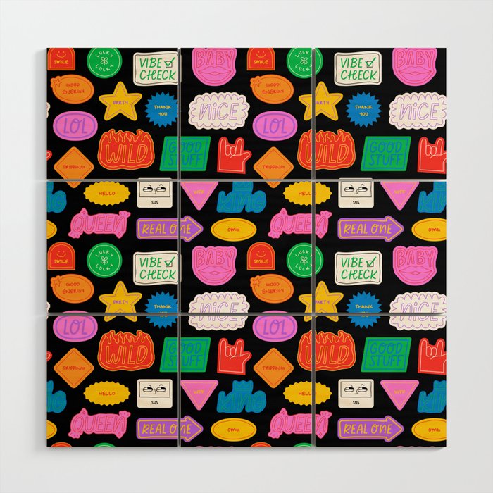 Funny retro sticker quote cartoon pattern Wood Wall Art Gallery Image 1
