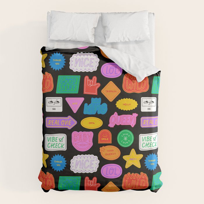 Funny retro sticker quote cartoon pattern Duvet Cover Gallery Image 1