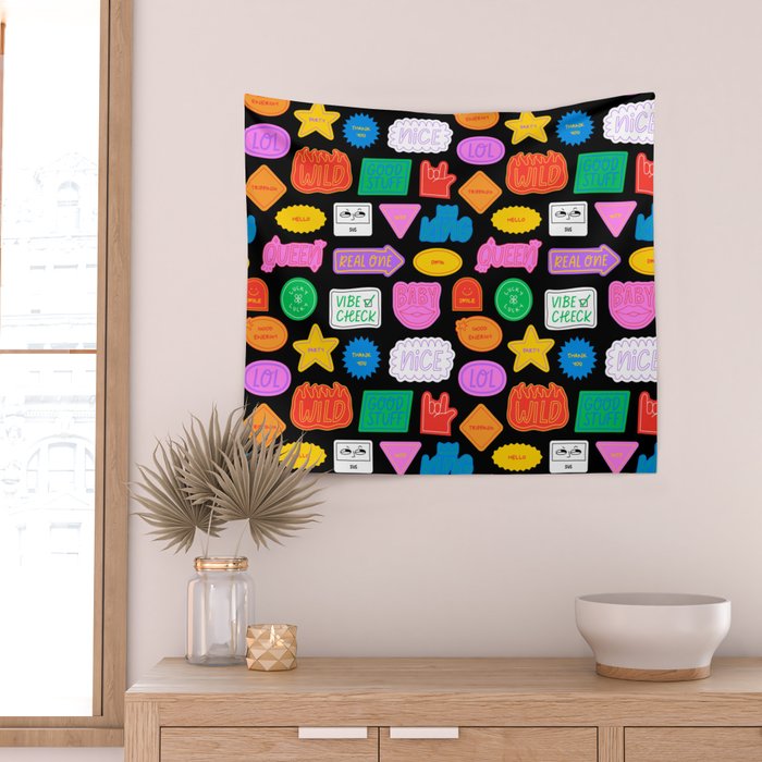 Funny retro sticker quote cartoon pattern Wall Tapestry Gallery Image 2
