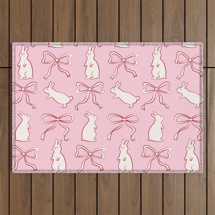 Ribbon Bows and Bunnies in Red, Pink and White Outdoor Rug Gallery Image 1