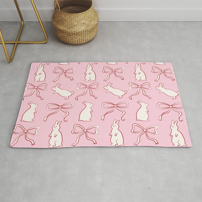 Ribbon Bows and Bunnies in Red, Pink and White Rug Gallery Image 1