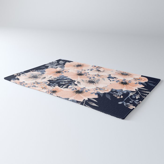 Festive, Floral Watercolor Print, Navy and Pink Rug Gallery Image 3
