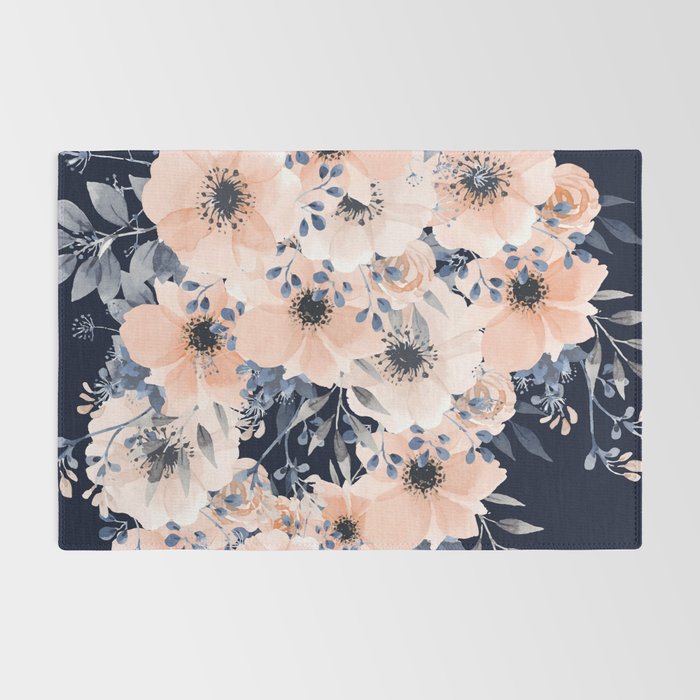 Festive, Floral Watercolor Print, Navy and Pink Rug Gallery Image 2