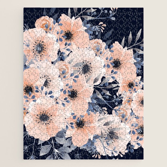 Festive, Floral Watercolor Print, Navy and Pink Jigsaw Puzzle Gallery Image 1