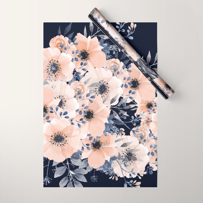 Festive, Floral Watercolor Print, Navy and Pink Wrapping Paper Gallery Image 1