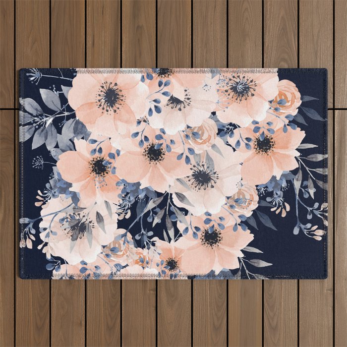 Festive, Floral Watercolor Print, Navy and Pink Outdoor Rug Gallery Image 1
