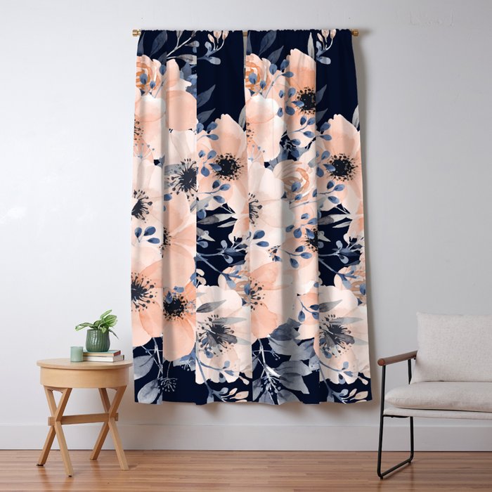 Festive, Floral Watercolor Print, Navy and Pink Window Curtain Gallery Image 5