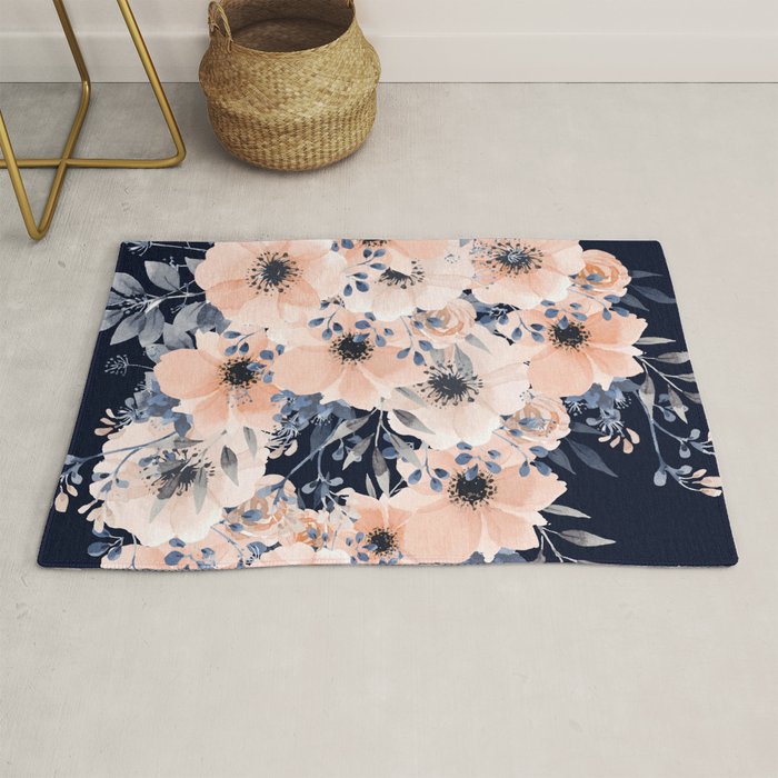 Festive, Floral Watercolor Print, Navy and Pink Rug Gallery Image 1