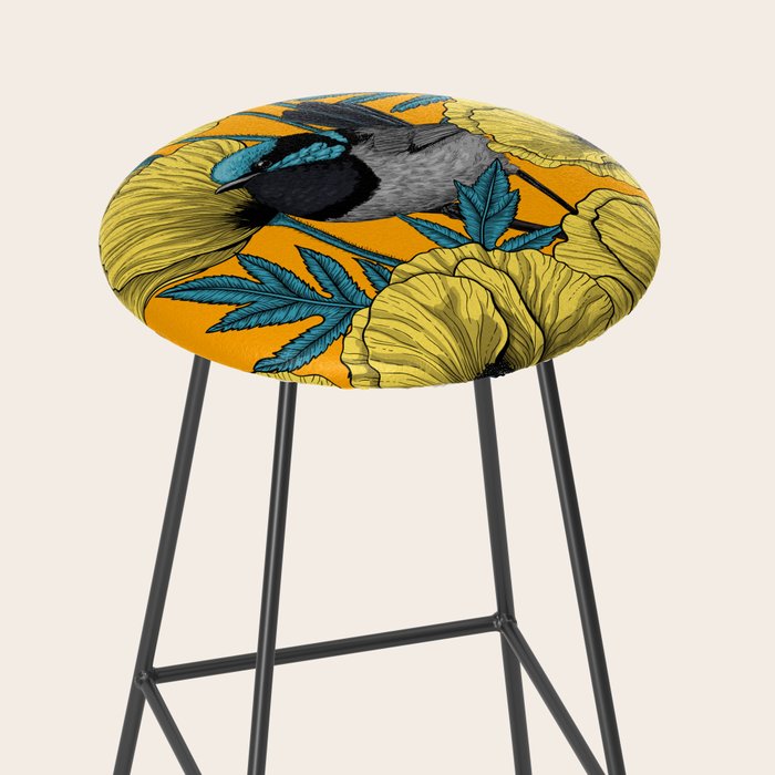 Fairy wren and poppies in yellow Stool Gallery Image 2
