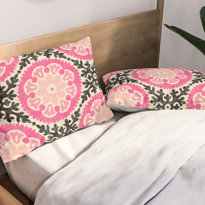 Folk Art Mandala - black, pink, and cream Pillow Sham Gallery Image 2