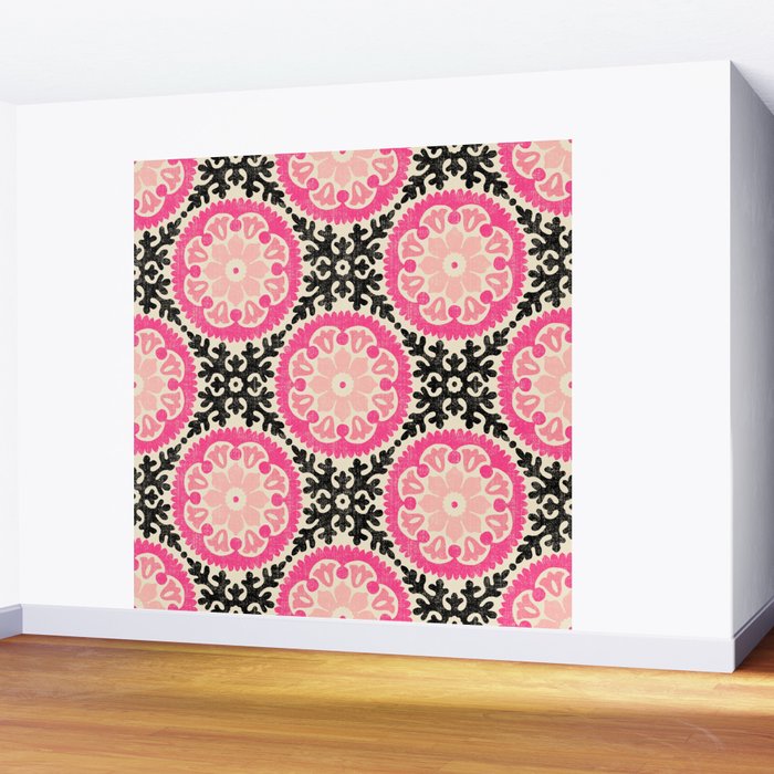 Folk Art Mandala - black, pink, and cream Wall Mural Gallery Image 2