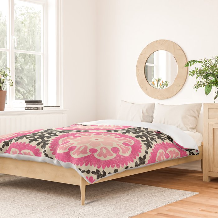 Folk Art Mandala - black, pink, and cream Duvet Cover Gallery Image 2