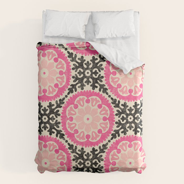 Folk Art Mandala - black, pink, and cream Duvet Cover Gallery Image 6