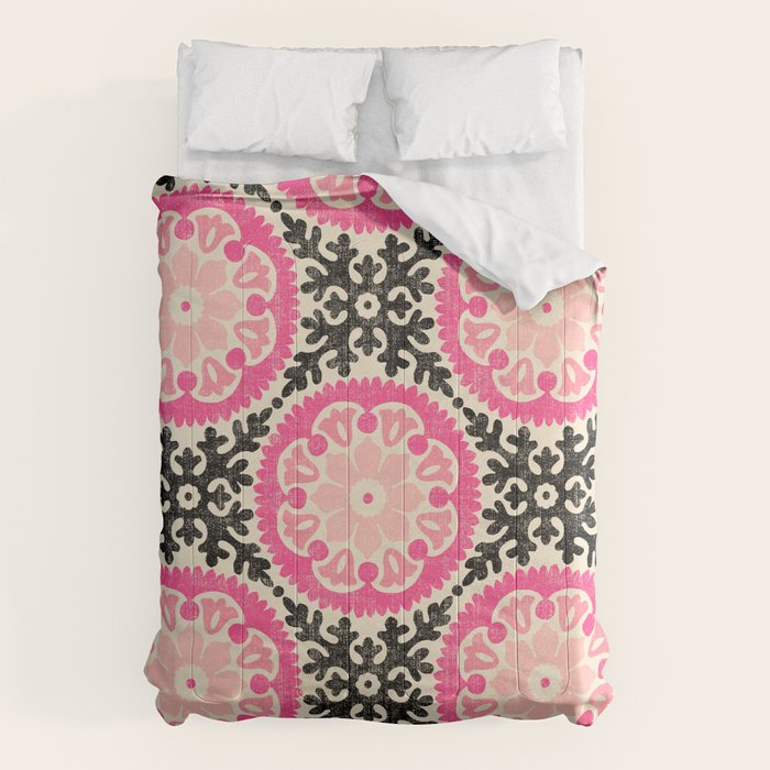 Folk Art Mandala - black, pink, and cream Comforter Gallery Image 6