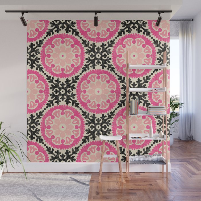 Folk Art Mandala - black, pink, and cream Wall Mural Gallery Image 1