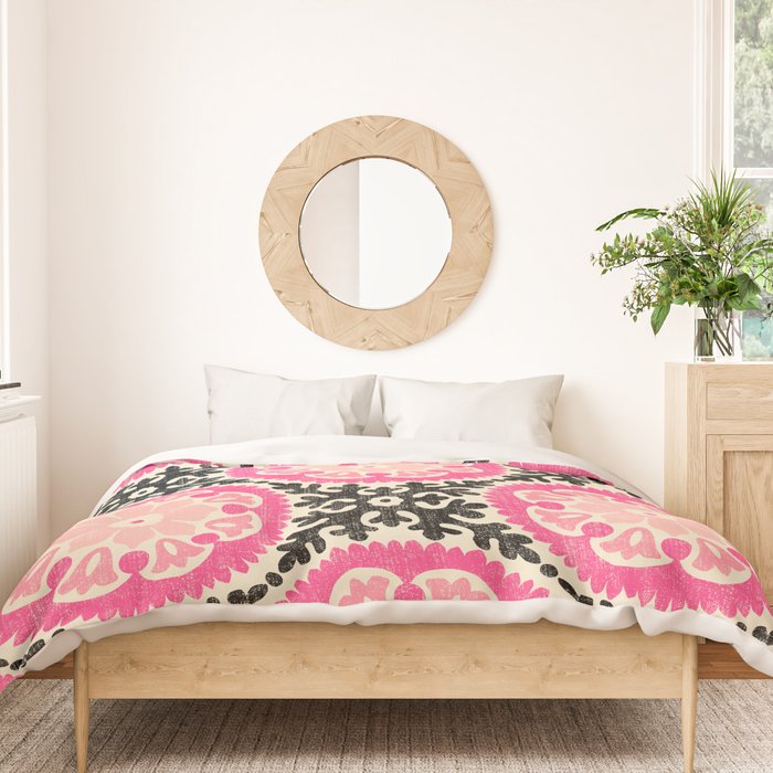 Folk Art Mandala - black, pink, and cream Duvet Cover Gallery Image 3