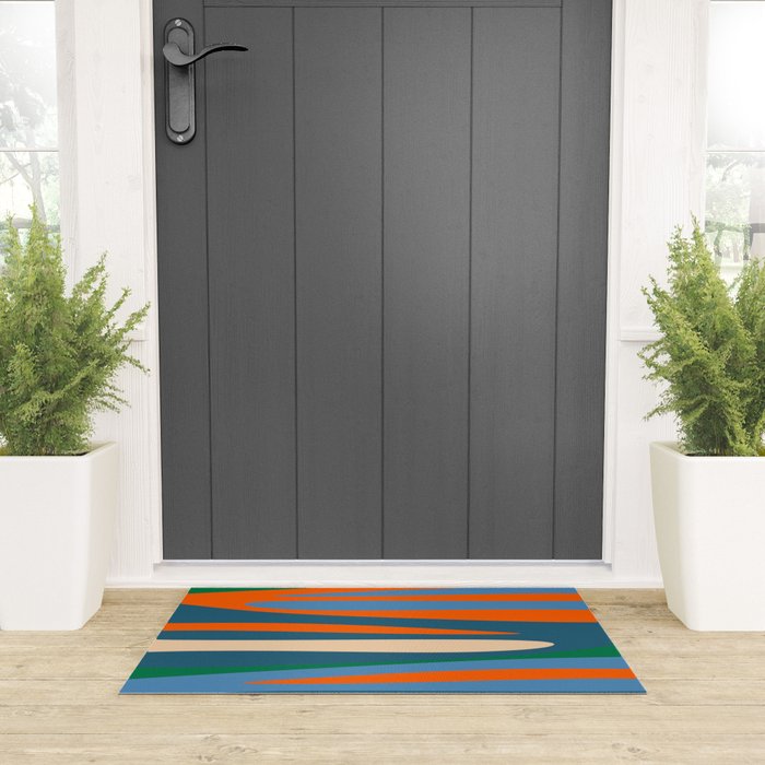 Terzo Stripes Vertical Abstract Pattern Blue Orange Green Beige Welcome Mat Gallery Image 3