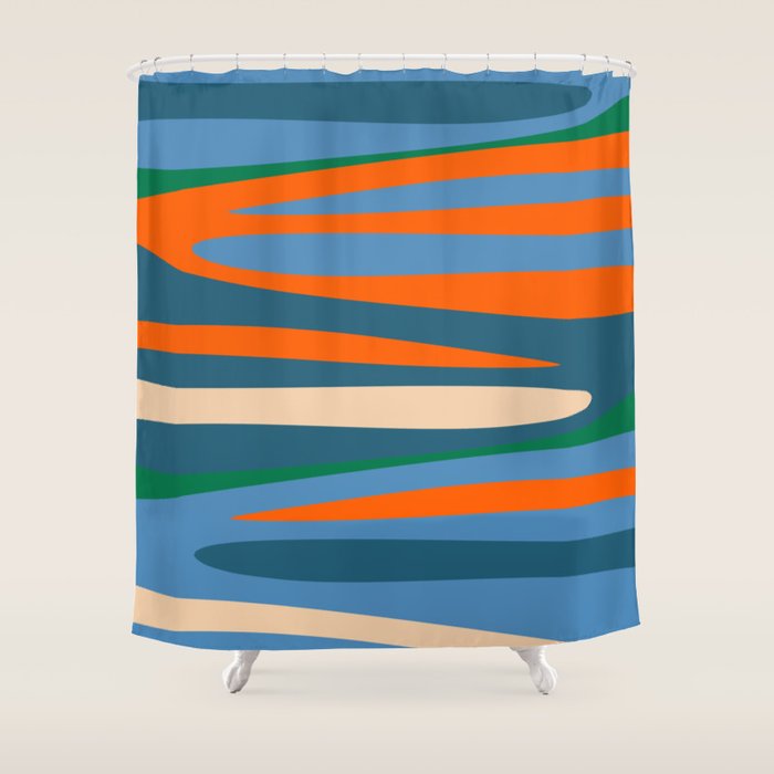 Terzo Stripes Vertical Abstract Pattern Blue Orange Green Beige Shower Curtain Gallery Image 1