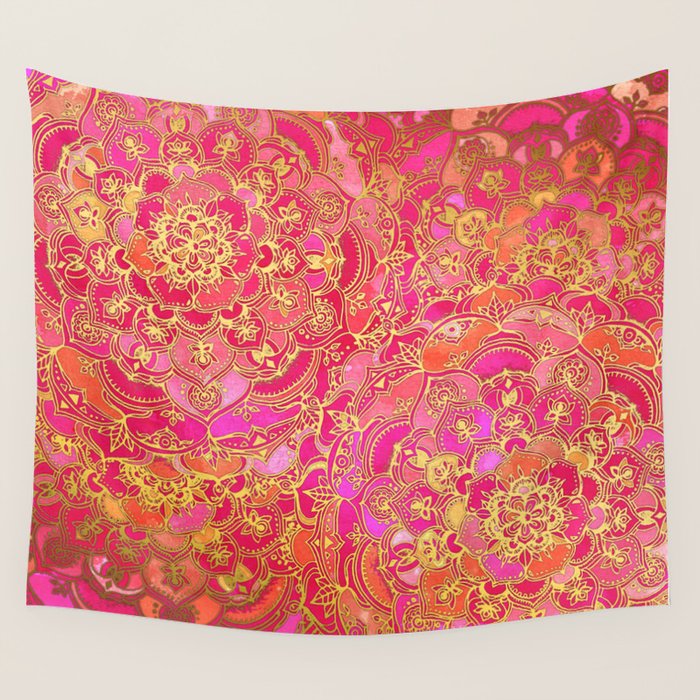Hot Pink and Gold Baroque Floral Pattern Wall Tapestry Gallery Image 4