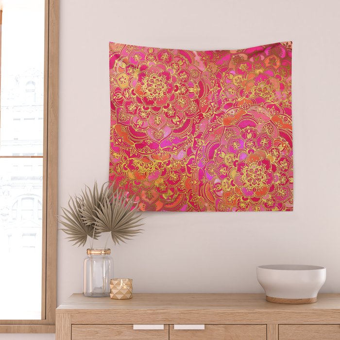 Hot Pink and Gold Baroque Floral Pattern Wall Tapestry Gallery Image 2