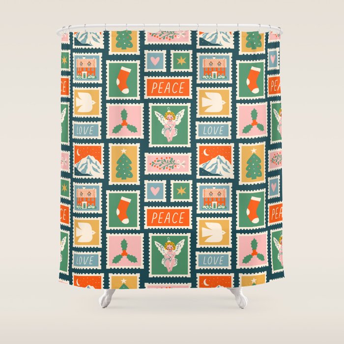Vintage christmas postage stamp pattern Shower Curtain Gallery Image 1