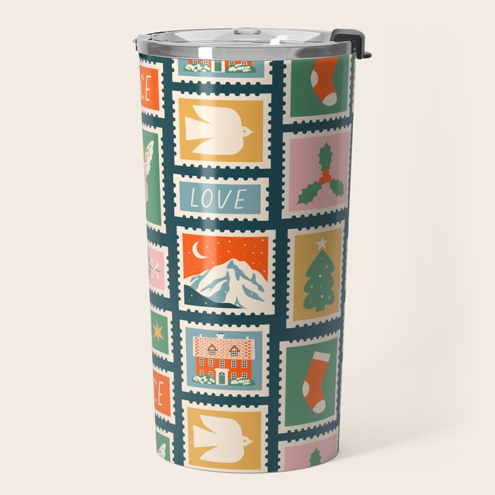 Vintage christmas postage stamp pattern Travel Mug Gallery Image 2